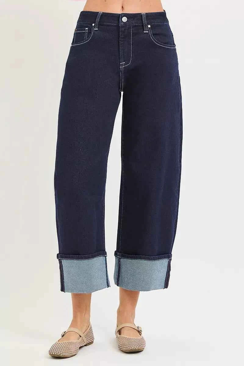 Dark Wash Slouchy Crop Barrel Cuffed Hem Jeans by Risen