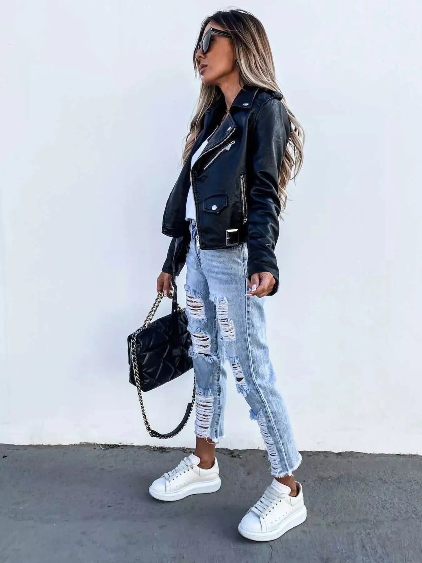 Plus Size Zip Up Motorcycle Biker Faux Leather Jacket