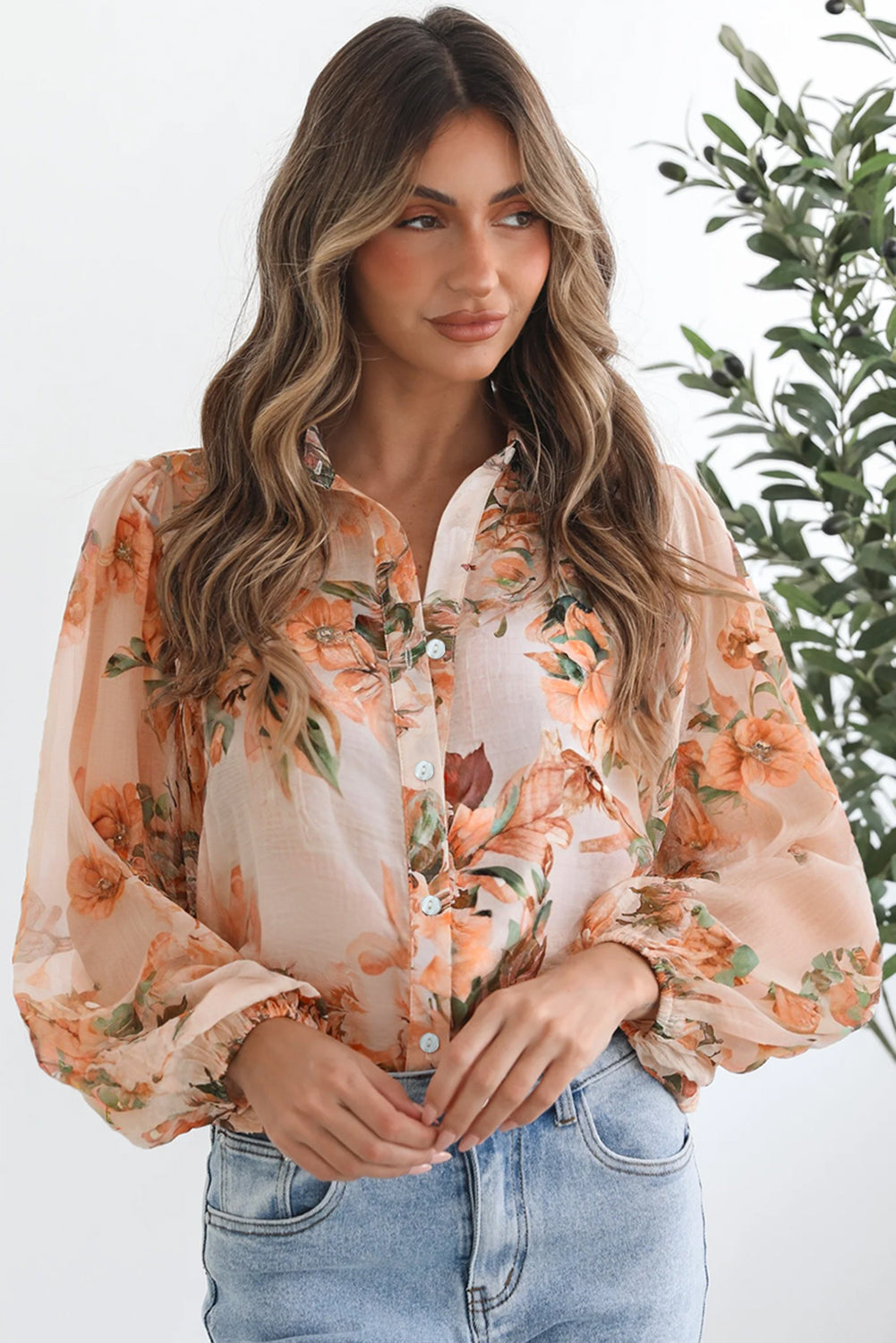 Orange Floral Puff Sleeve Polyester Lightweight Shirt