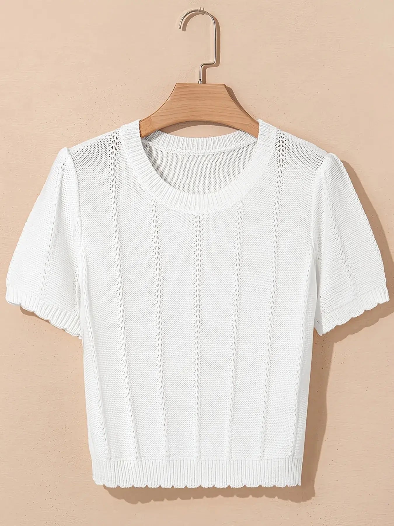 Openwork Round Neck Short Sleeve Sweater