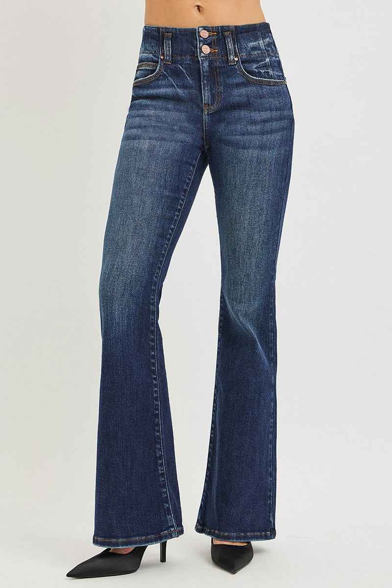 RISEN High Rise Flare Jeans With Seam Detail Waistband