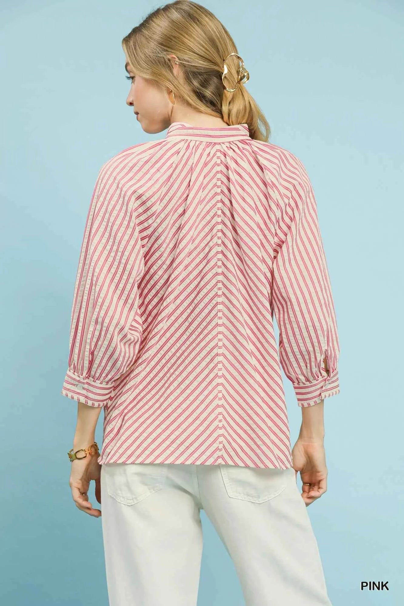 Umgee Striped V-Neck Button Down Top