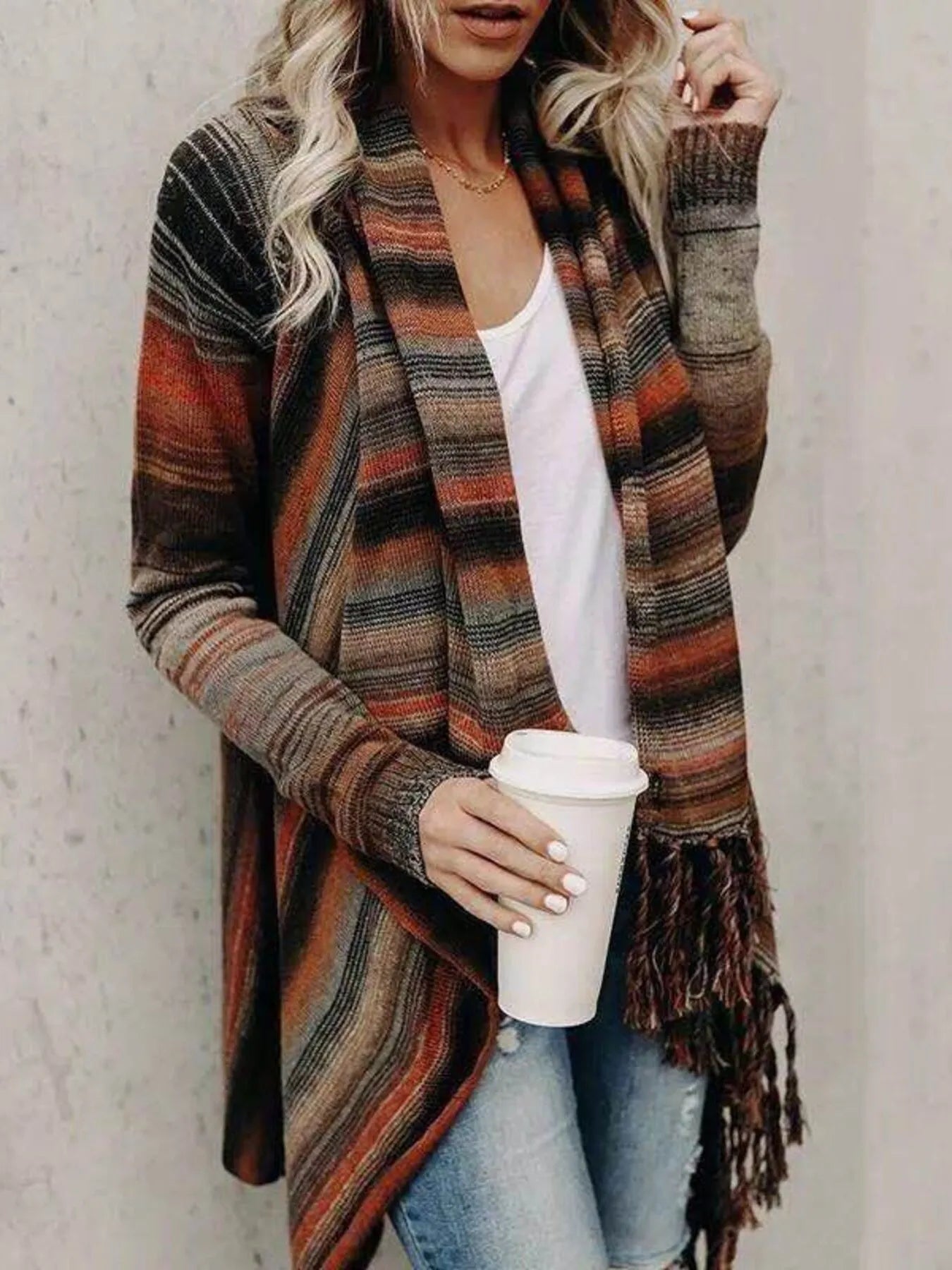 Fringe Long Sleeve Wrap Cardigan Button Fasten