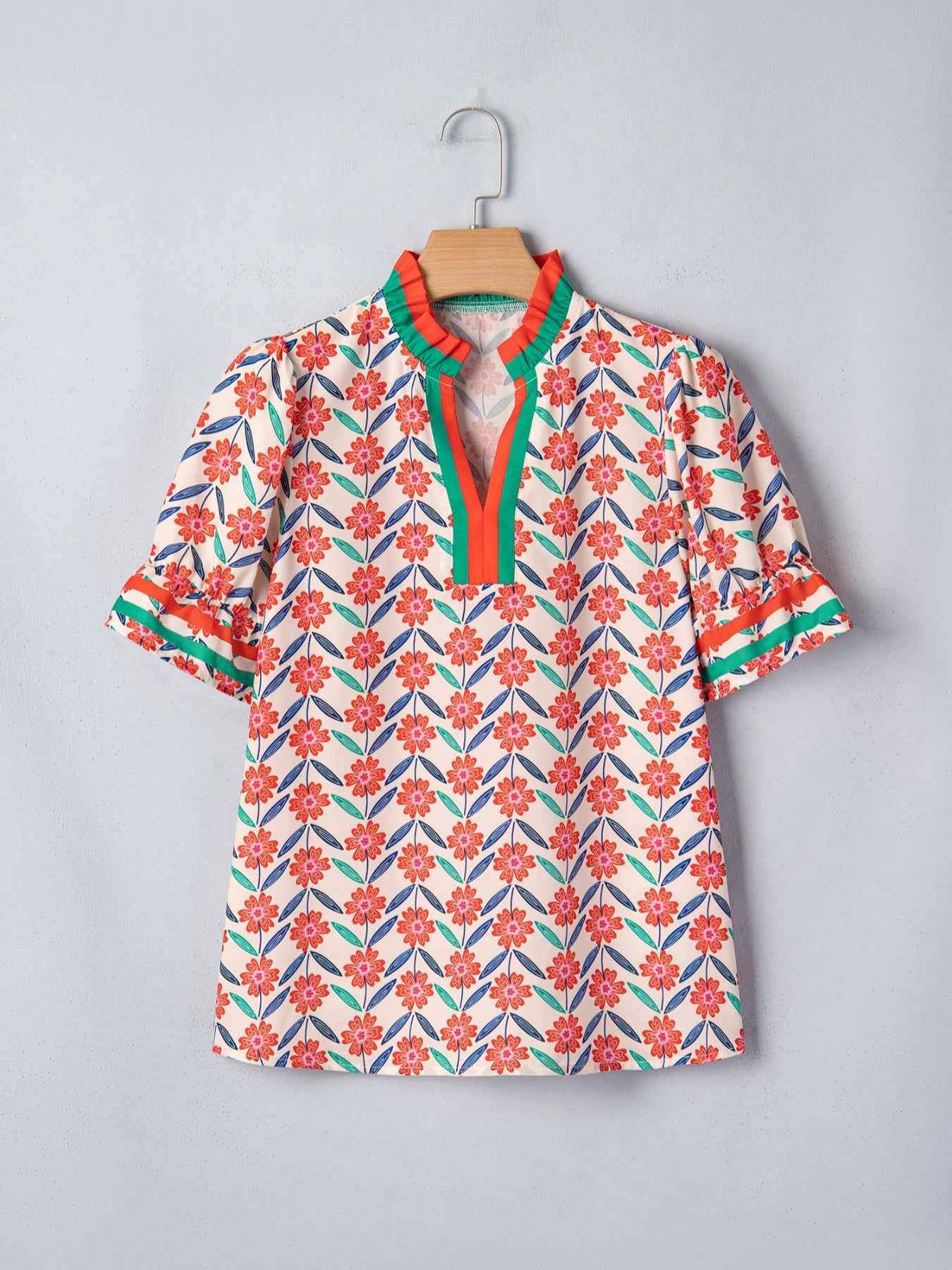 Floral Print Striped Detail V Neck Ruffled Short Sleeve Blouse