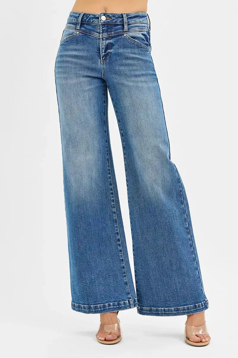 RISEN Jeans - High Rise Wide Leg Jeans with Front Yoke and Heart Back Pocket