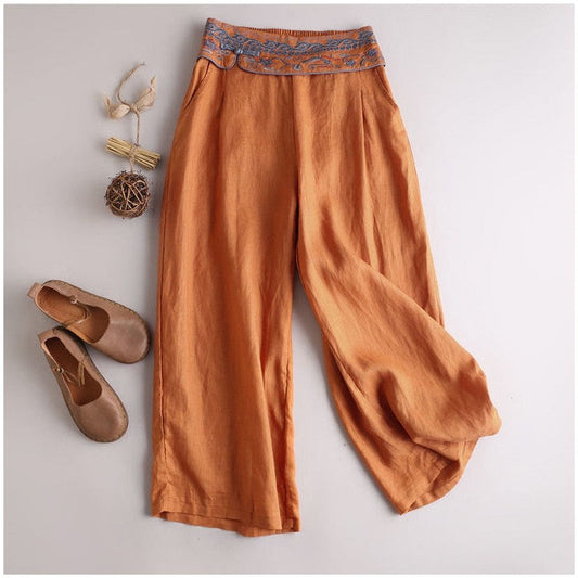 Embroidered Wide-Leg Cotton and Linen Pants
