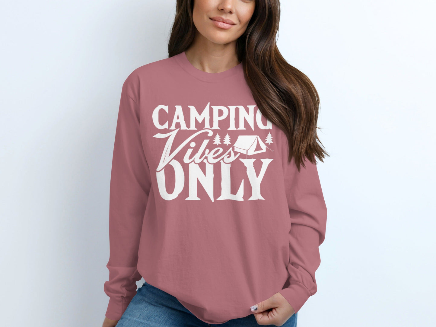 Camping Vibes Only With Tent Graphic Summer Fun Long Sleeve T-Shirt