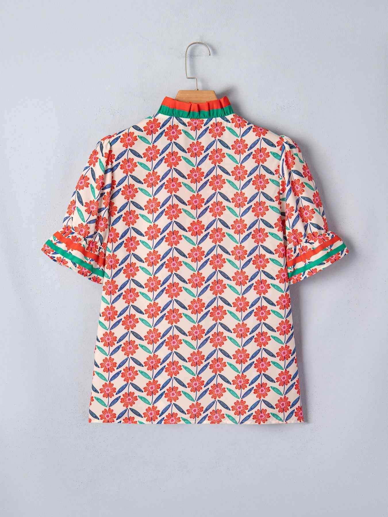 Floral Print Striped Detail V Neck Ruffled Short Sleeve Blouse
