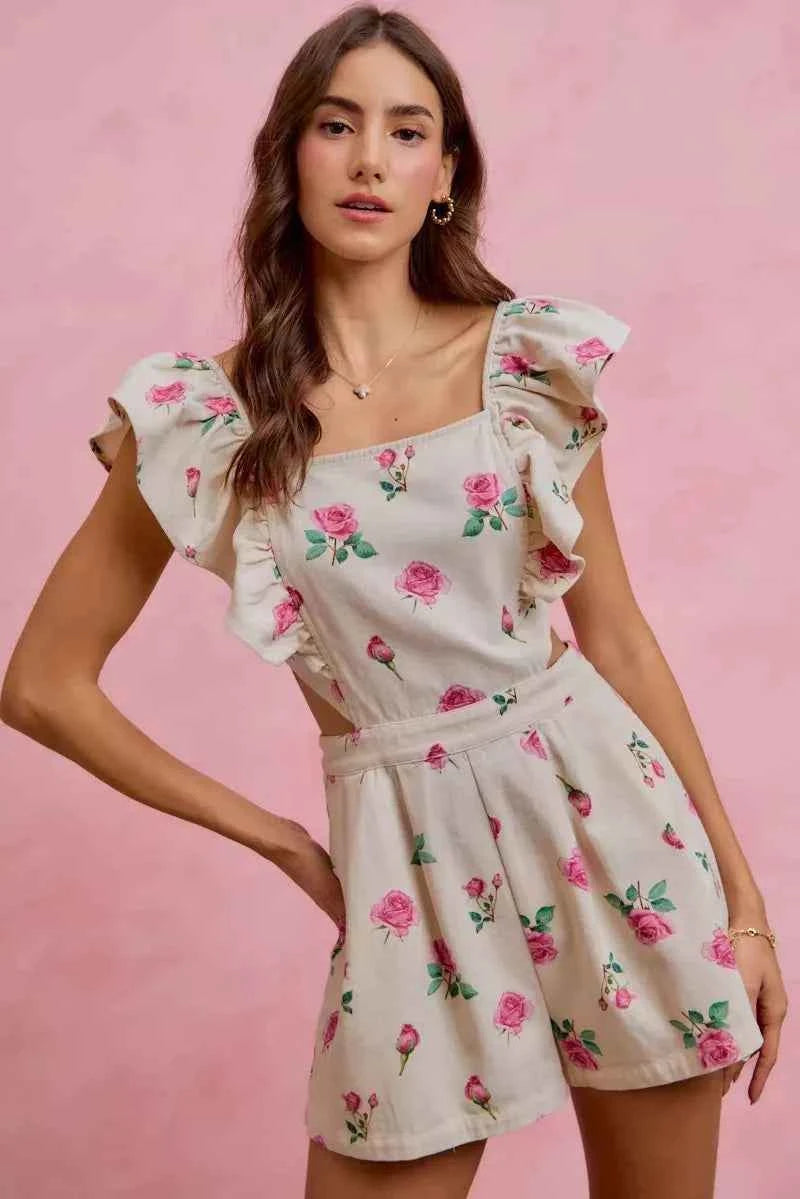 Ivory Floral Print Denim Cut Out Waist Ruffled Romper w/ Pockets by So Me