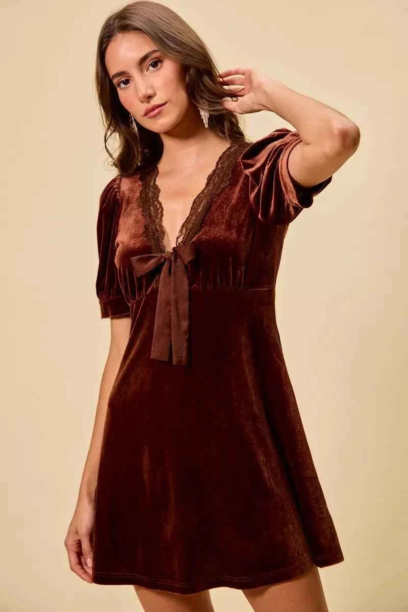 Mauve Velvet Short Sleeves Mini Dress w/ Bow by So Me