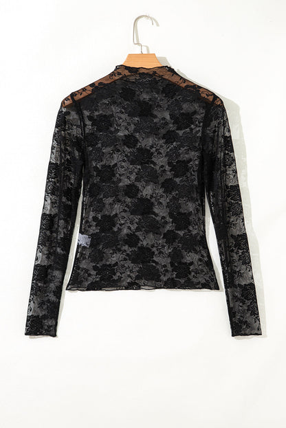 Myla Sheer Floral Lace Mesh Mock Neck Long Sleeve Top