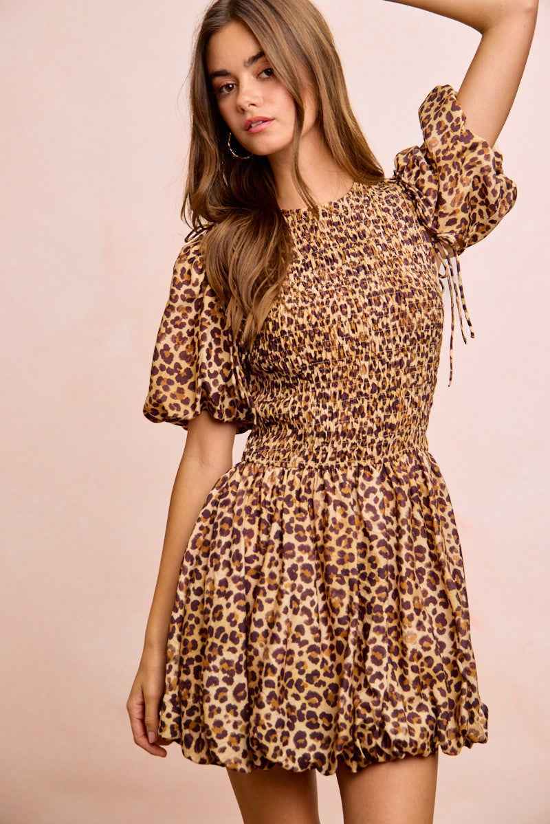 Leopard Bow Tie Puff Sleeve Dress with Detachable Sleeves by BiBi