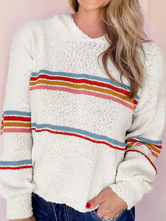 Multicolored Striped Accent Popcorn Hooded Sweater