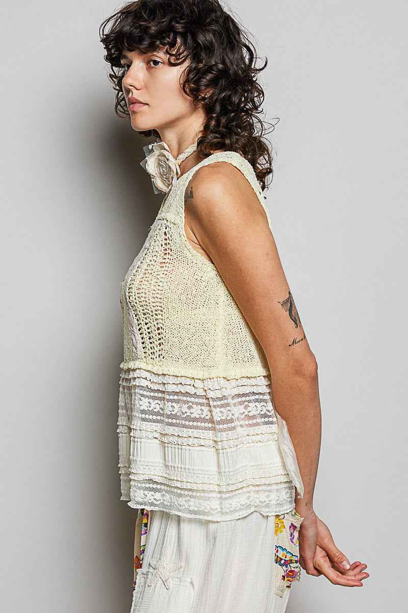 POL V-Neck Crochet Sweater Vest with Lace Trim