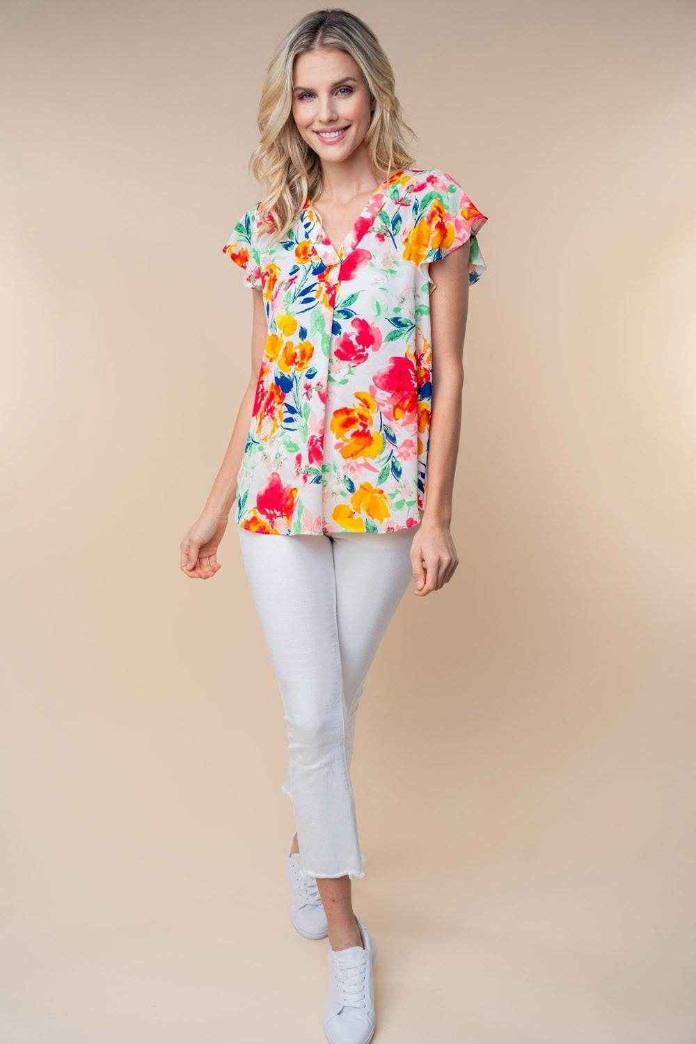 White Birch Full Size Short Sleeve Floral Woven Top for Women