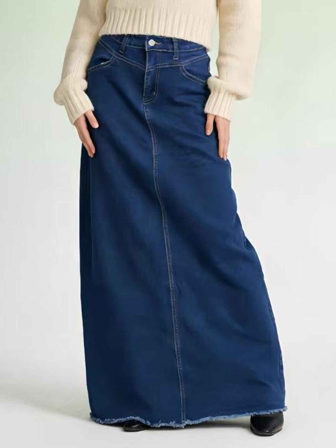 Raw Hem Maxi Denim Skirt