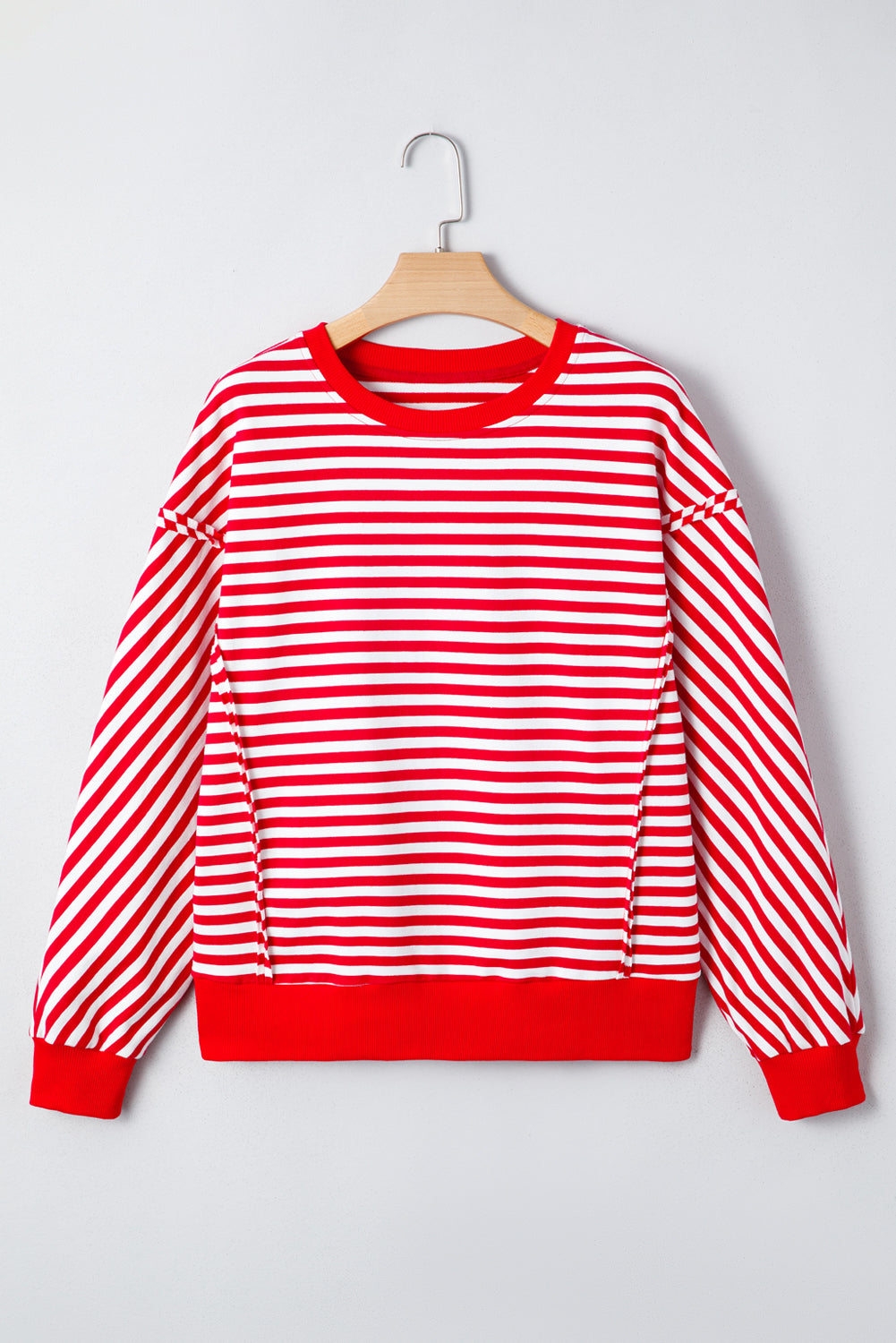 Red Striped Exposed Seam Drop Shoulder Long Sleeve Top