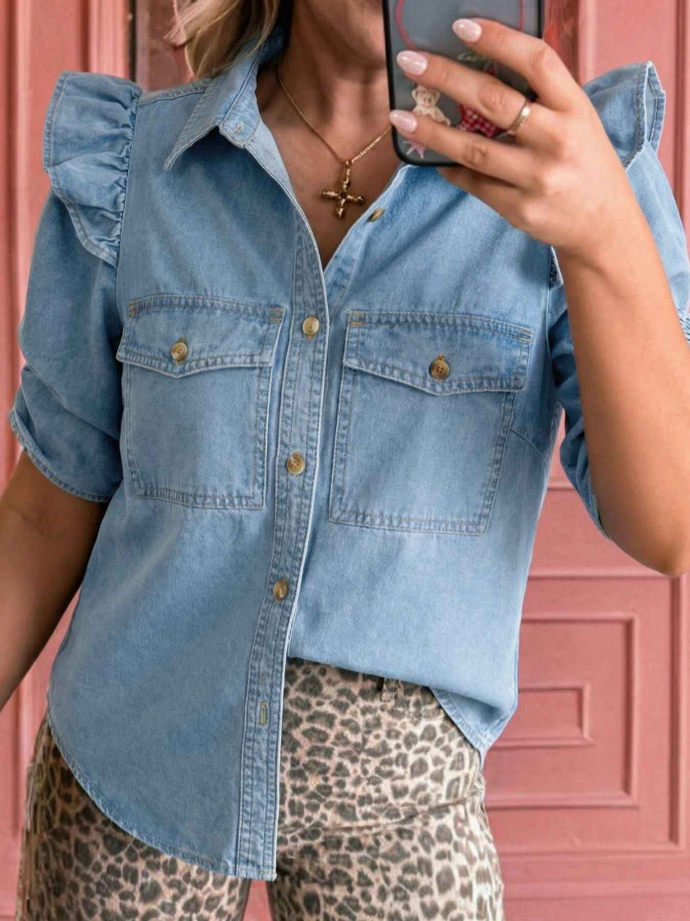 Ruffled Button-Down Denim Shirt