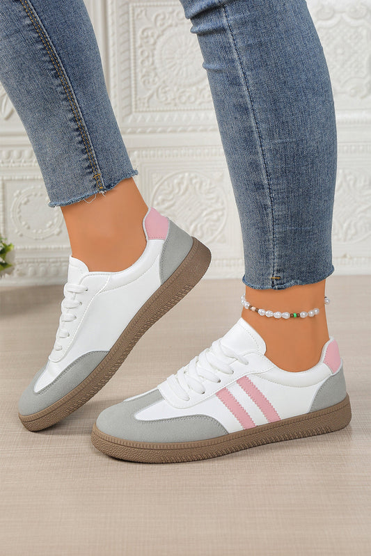 Pink Striped Patchwork Lace Up Sneakers PU Leather