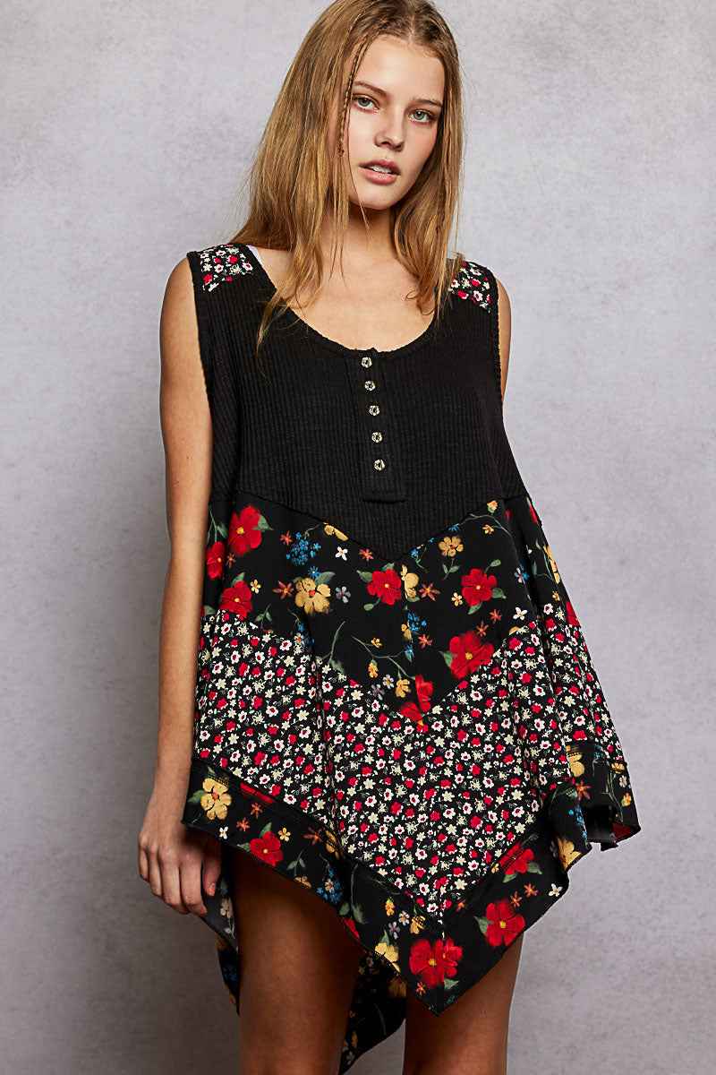 POL Round Neck Ribbed Tank with Woven Print Patch