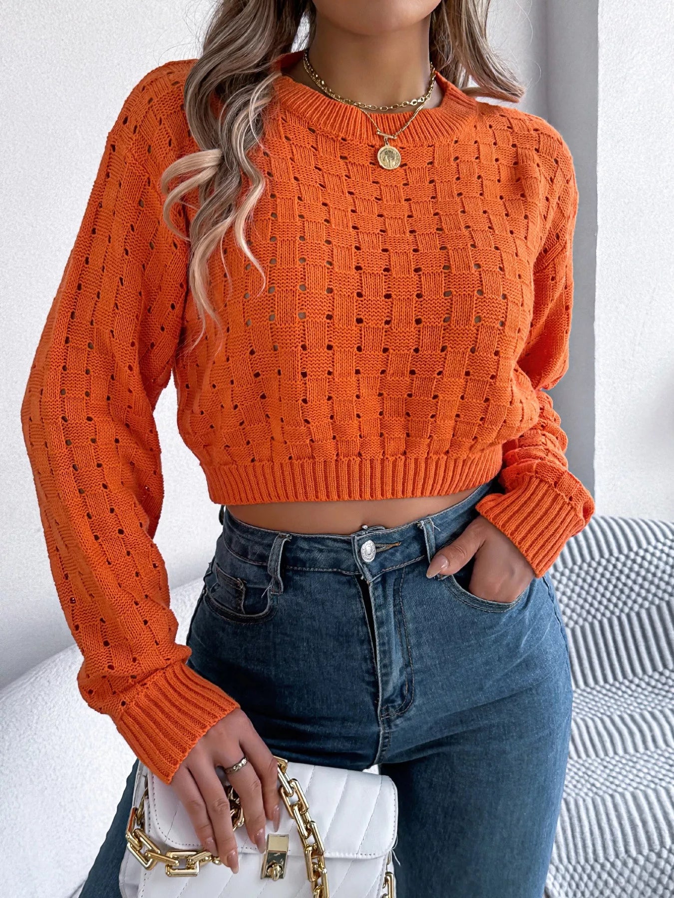 Round Neck Cutout Back Long Sleeve Openwork Sweater