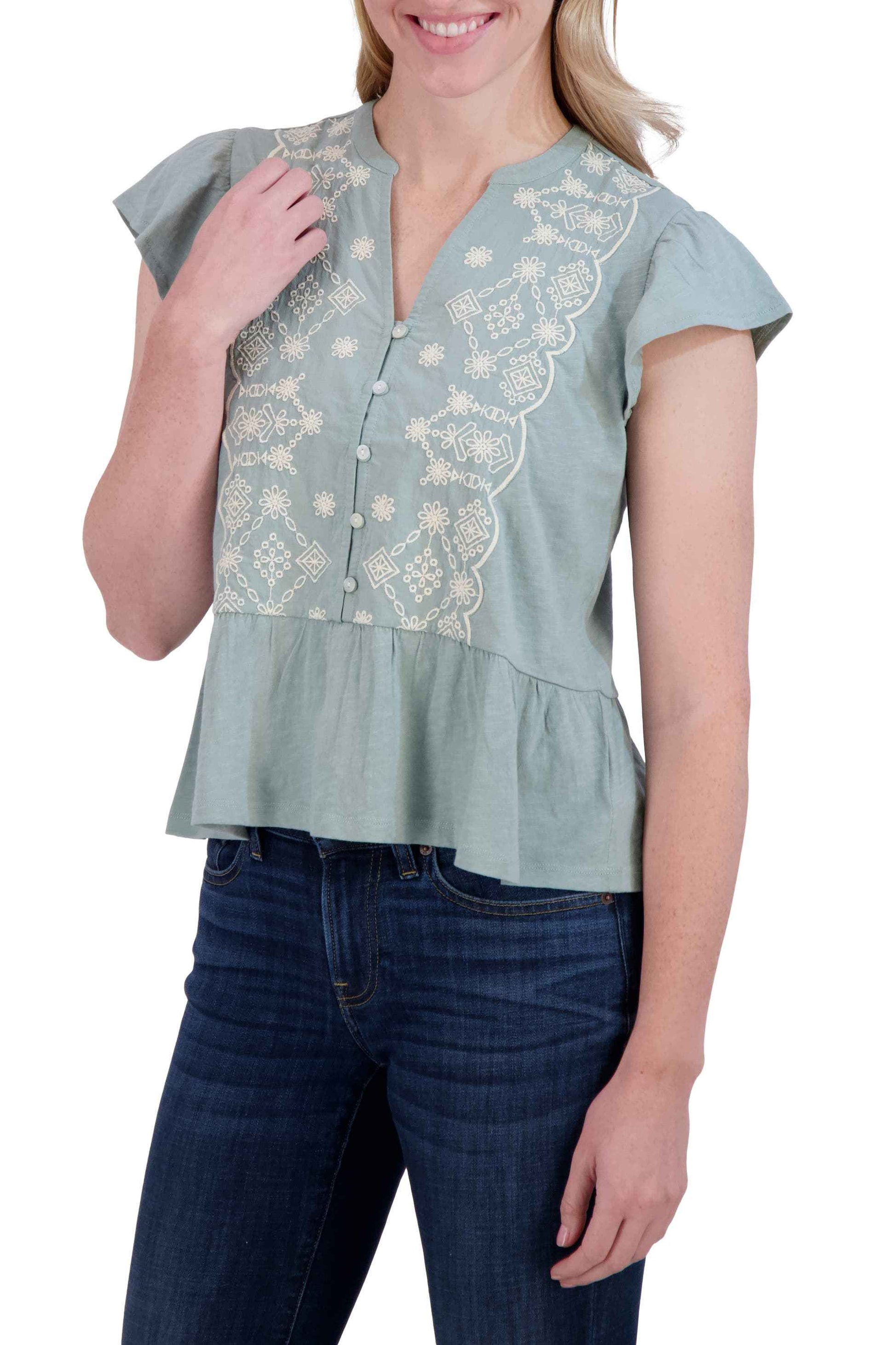 [135618-329] WOMENS LUCKY BRAND OTT FLUTTER SLEEVE TOP - SAGE
