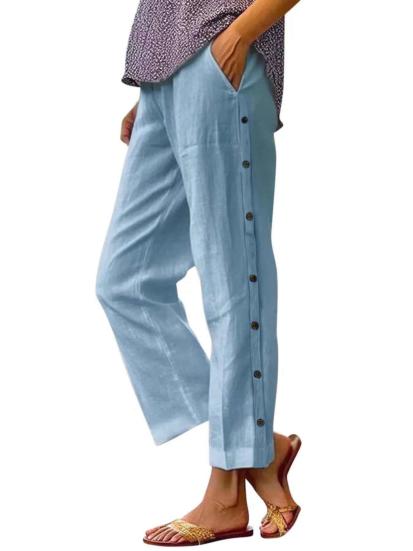 Full Size Side Decor Button Casual Wide Leg Pants Plus Size