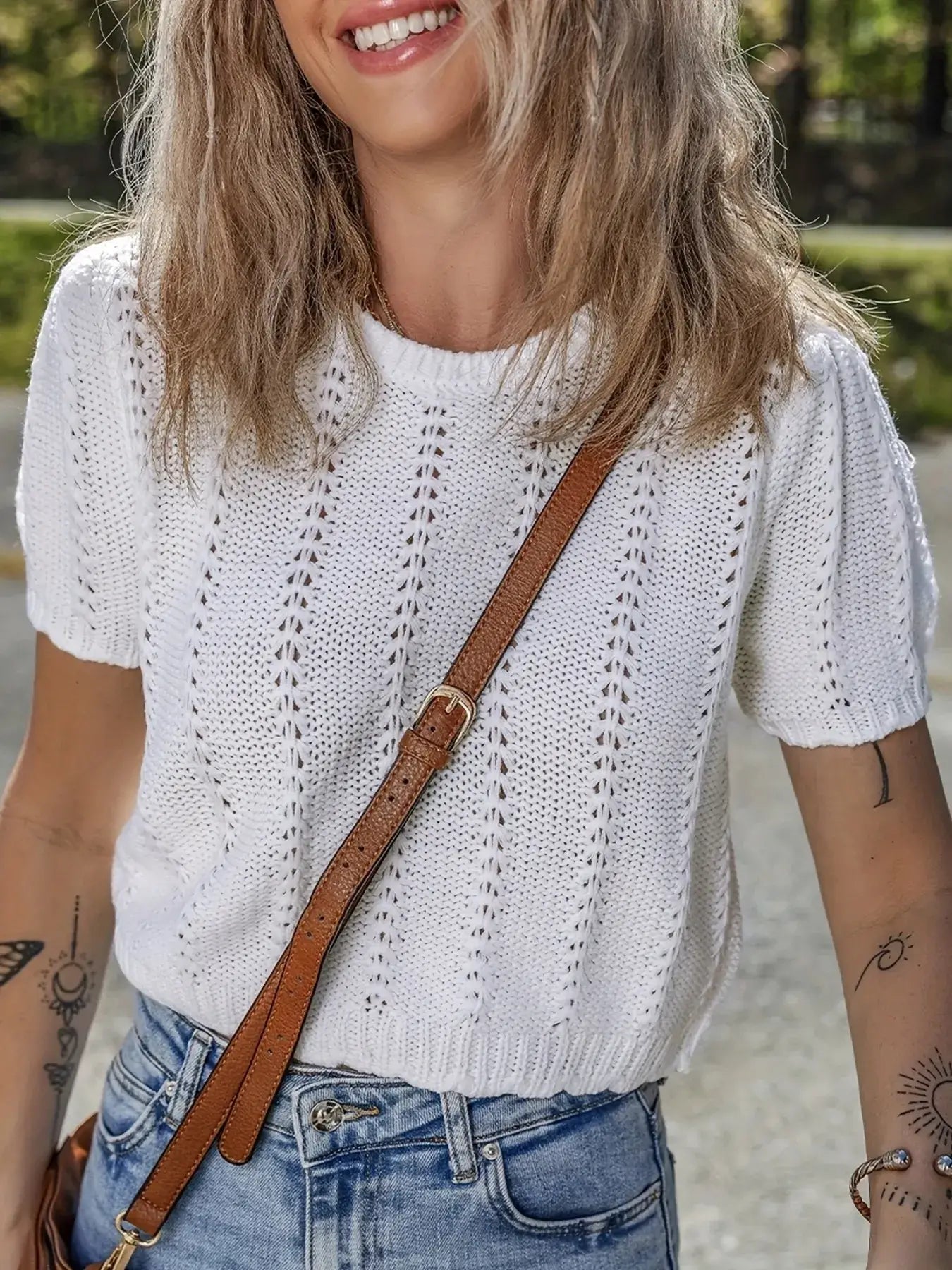 Openwork Round Neck Short Sleeve Sweater