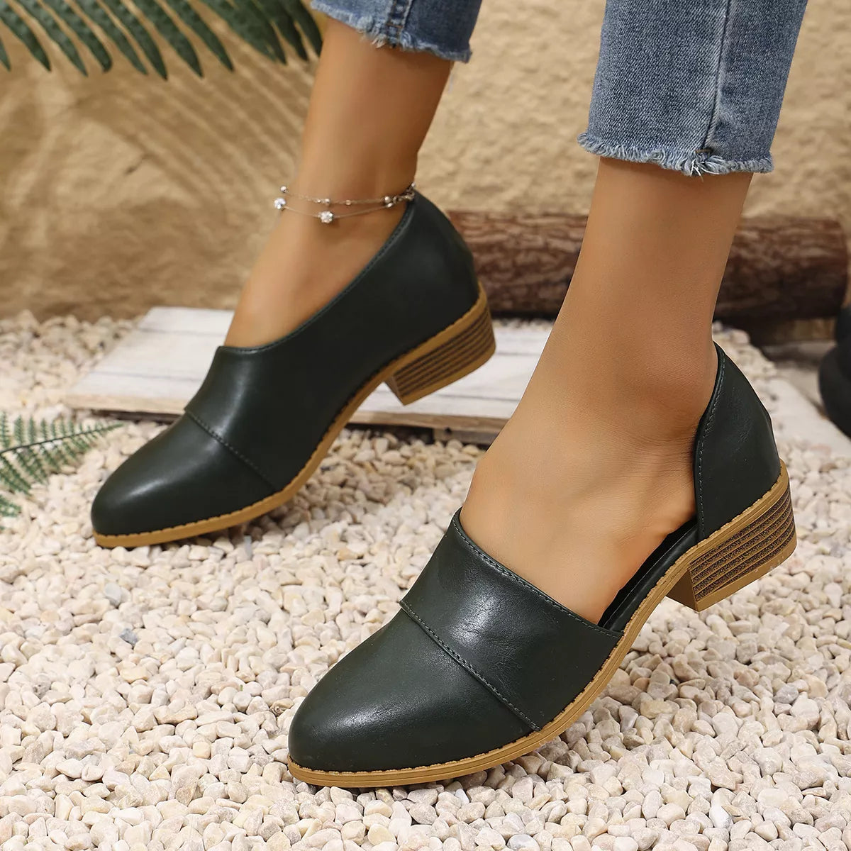 Point Toe Block Heels Loafers PU Leather Low Heel Shoes