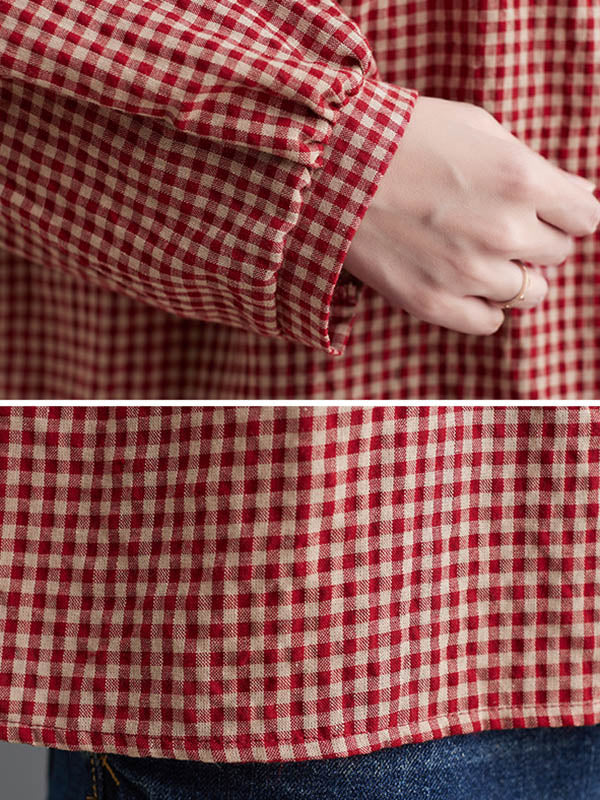 Plaid Ramie Cotton Plus Szie Long Sleeve Shirts