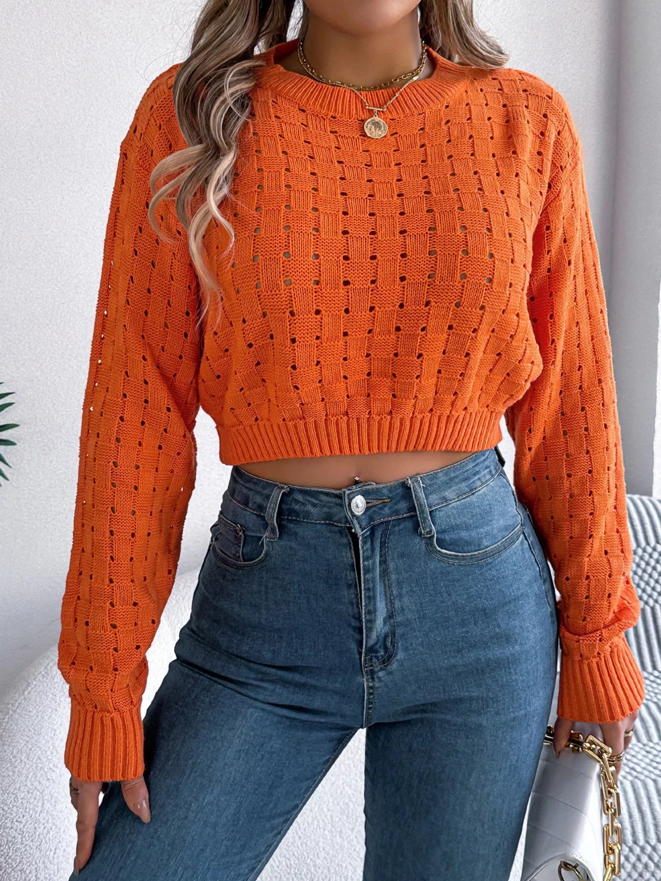 Round Neck Cutout Back Long Sleeve Openwork Sweater