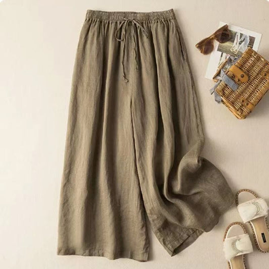 Breathable High-Waisted Linen and Cotton Cropped Pants