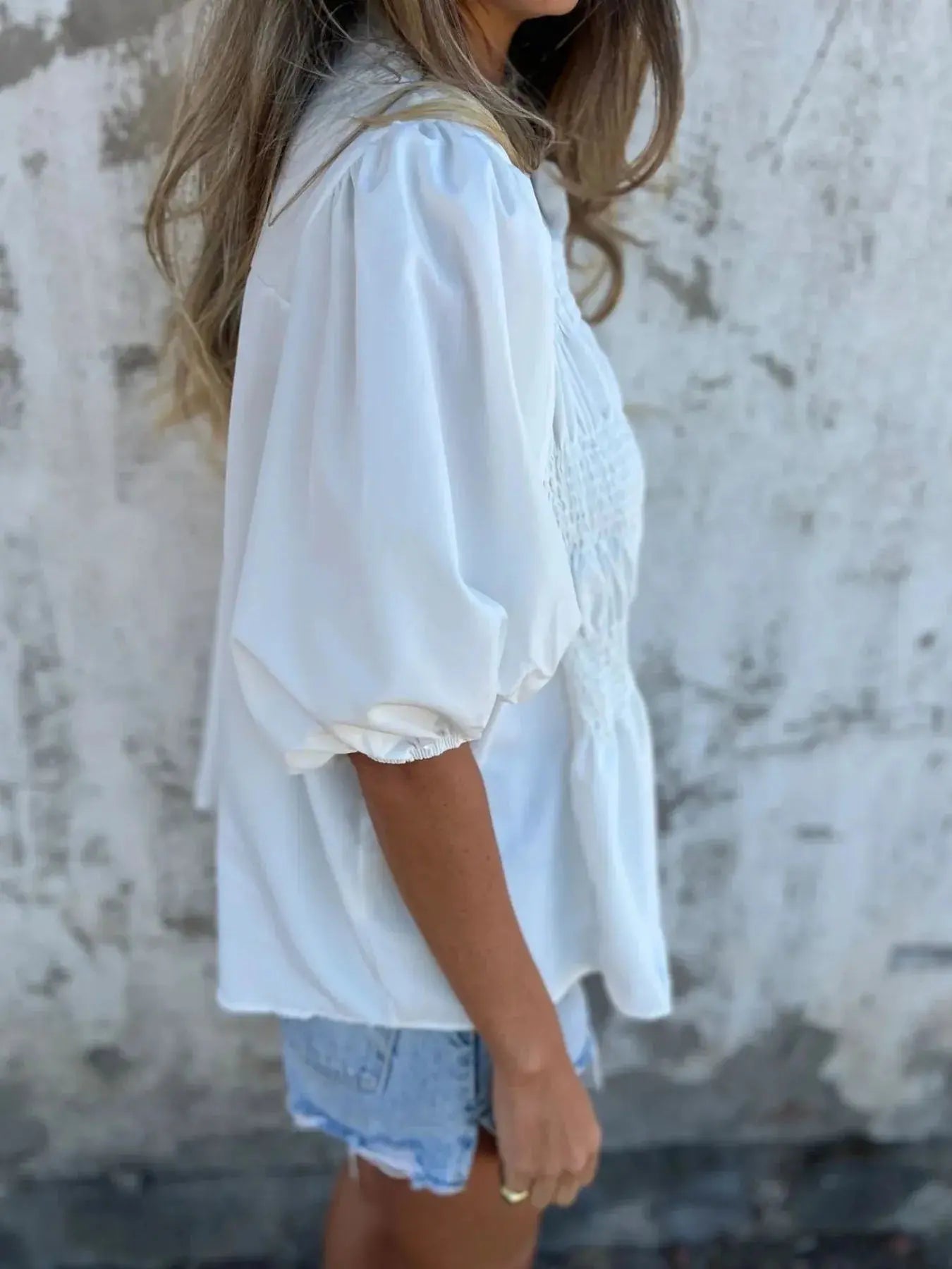 Full Size Red Smocked Button Puff Sleeve Blouse – Plus Size