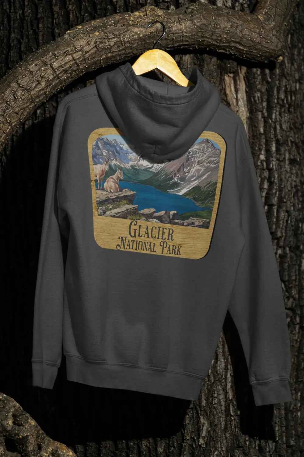 Glacier National Park Unisex Fit Fleece Hoodie Scenic Mountain Goat View Graphic Wooden Sign