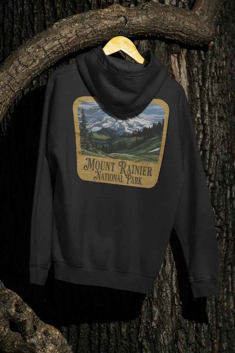 Mount Rainier National Park Fleece Hoodie Unisex Fit Scenic Wooden Mountain Sign
