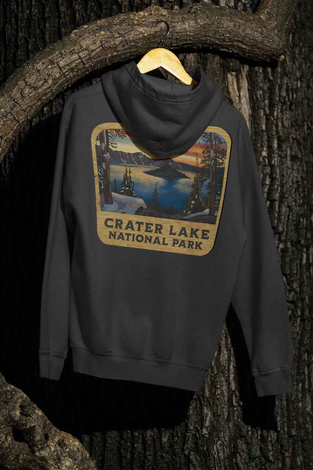 Crater Lake National Park Unisex Fit Fleece Hoodie Scenic View Graphic Wooden Mountain Sign