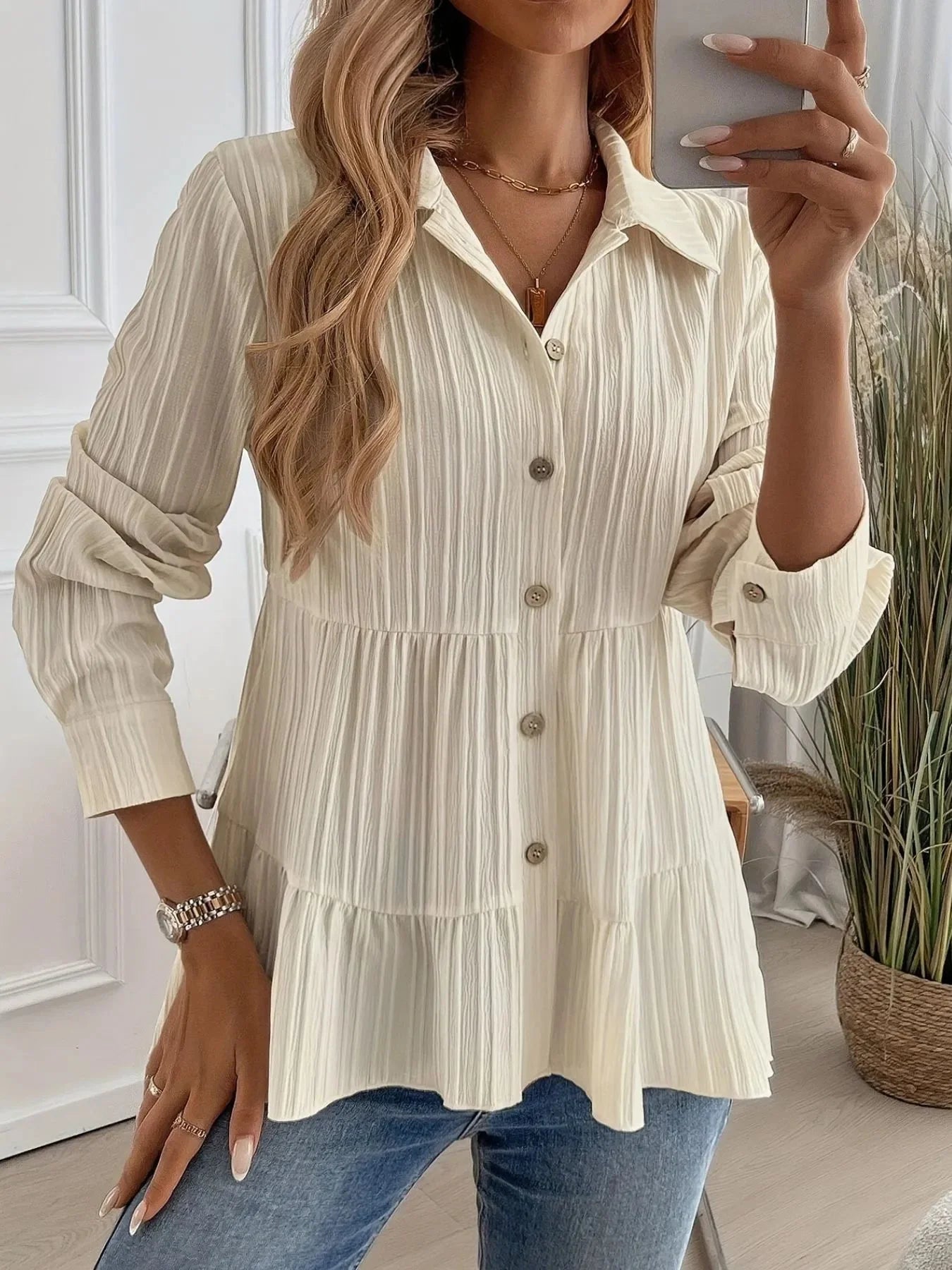 Striped Tiered  Button Down Shirt