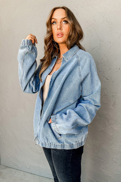 Myosotis Denim Jacket Zip Up With Elastic Hem Raglan Sleeves