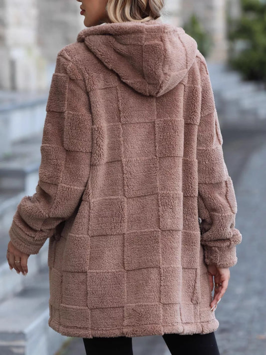 Oversized Fleece Zip Up Hooded Outerwear With Pockets