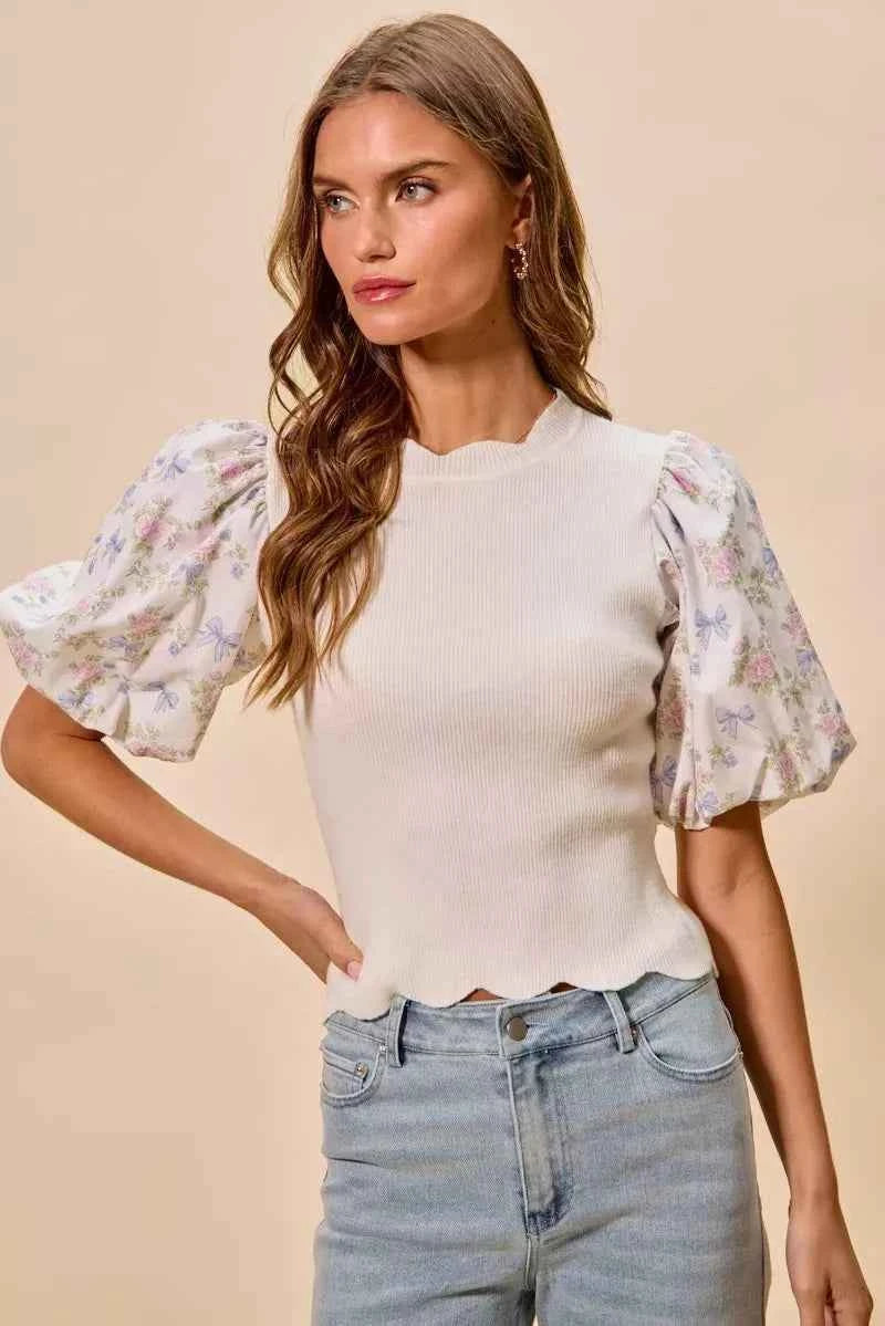 White Floral Contrast Sleeve Scallop Sweater Top by SO ME
