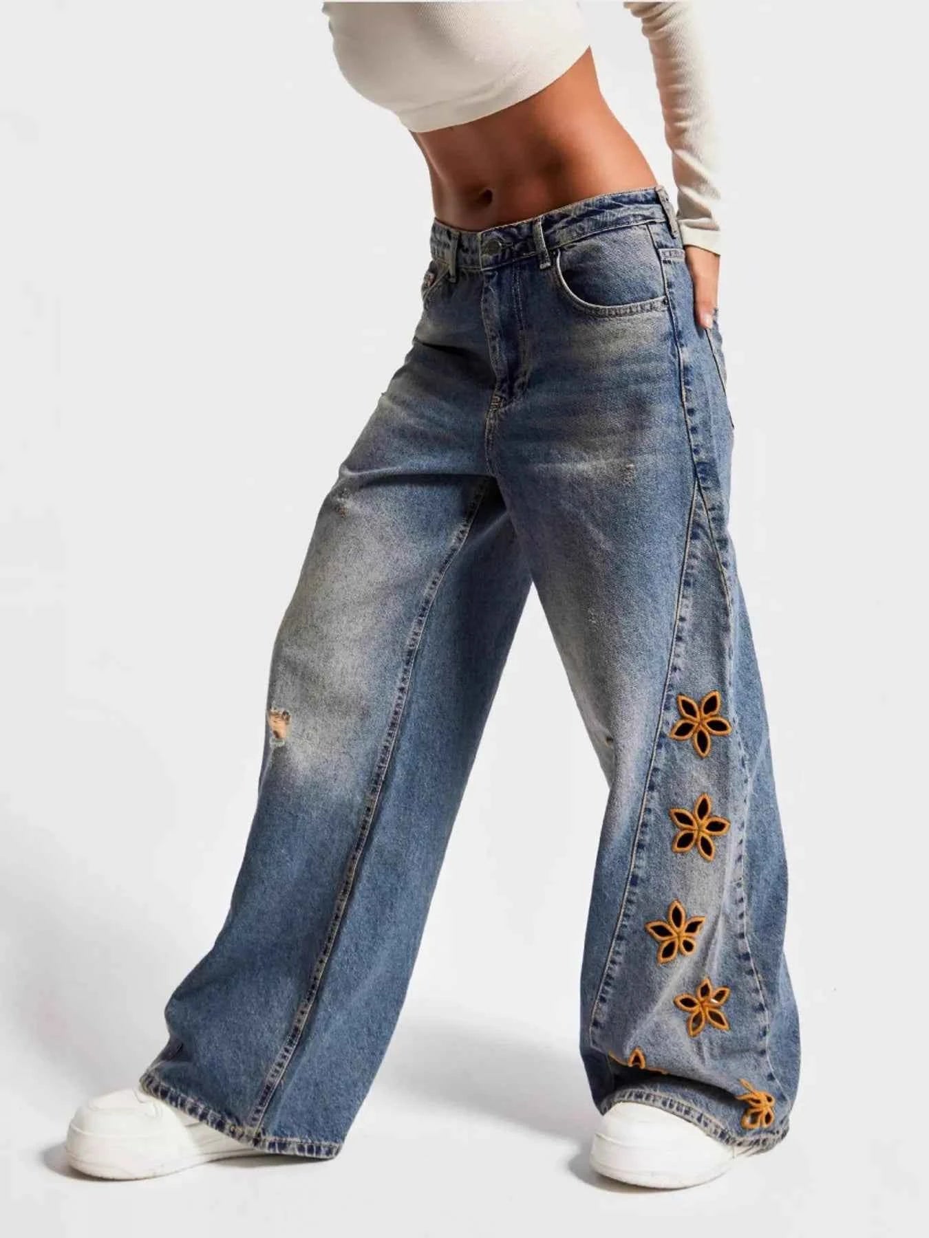 Floral Embroidered Wide Leg Jeans