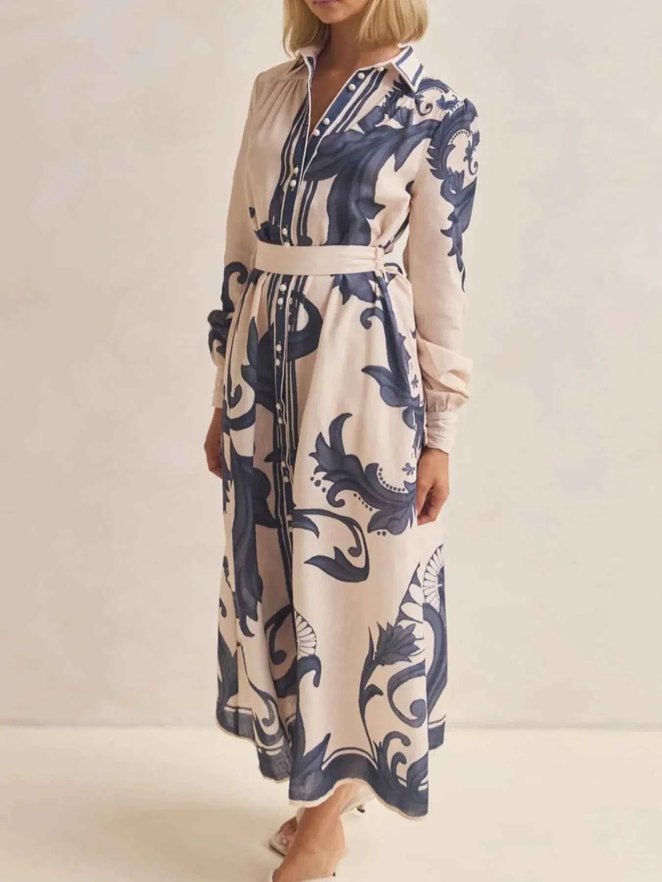 Printed Button Down Belted Shirt Dress