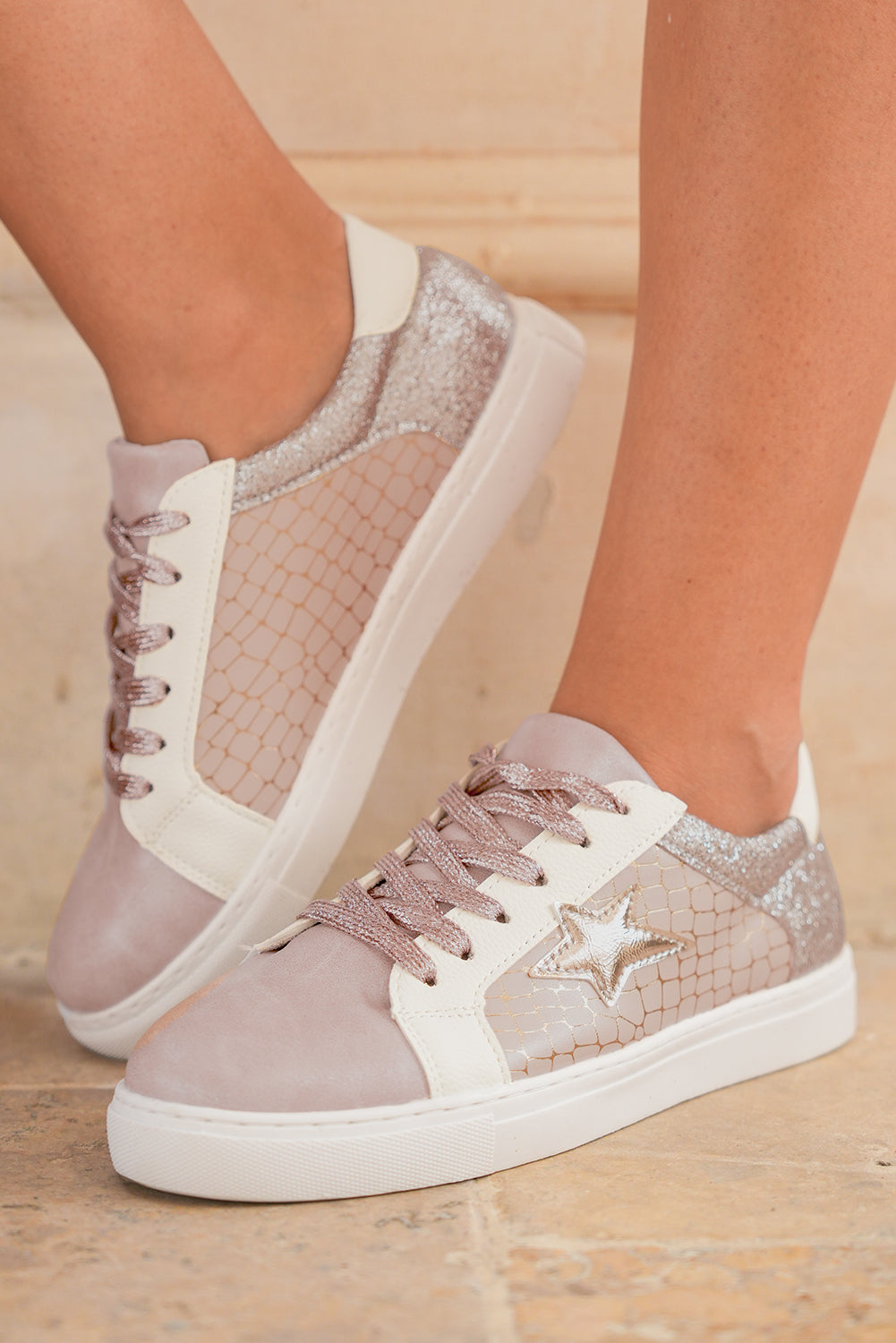 Gold Glitter Star Patchwork PU Leather Lace Up Sneakers
