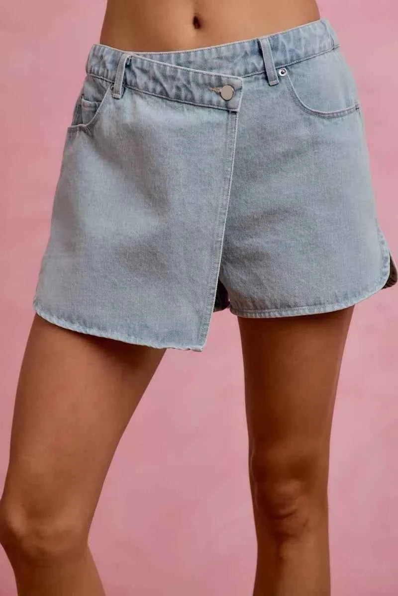 Light Washed Vintage Finish Denim Wrap Skort by So Me