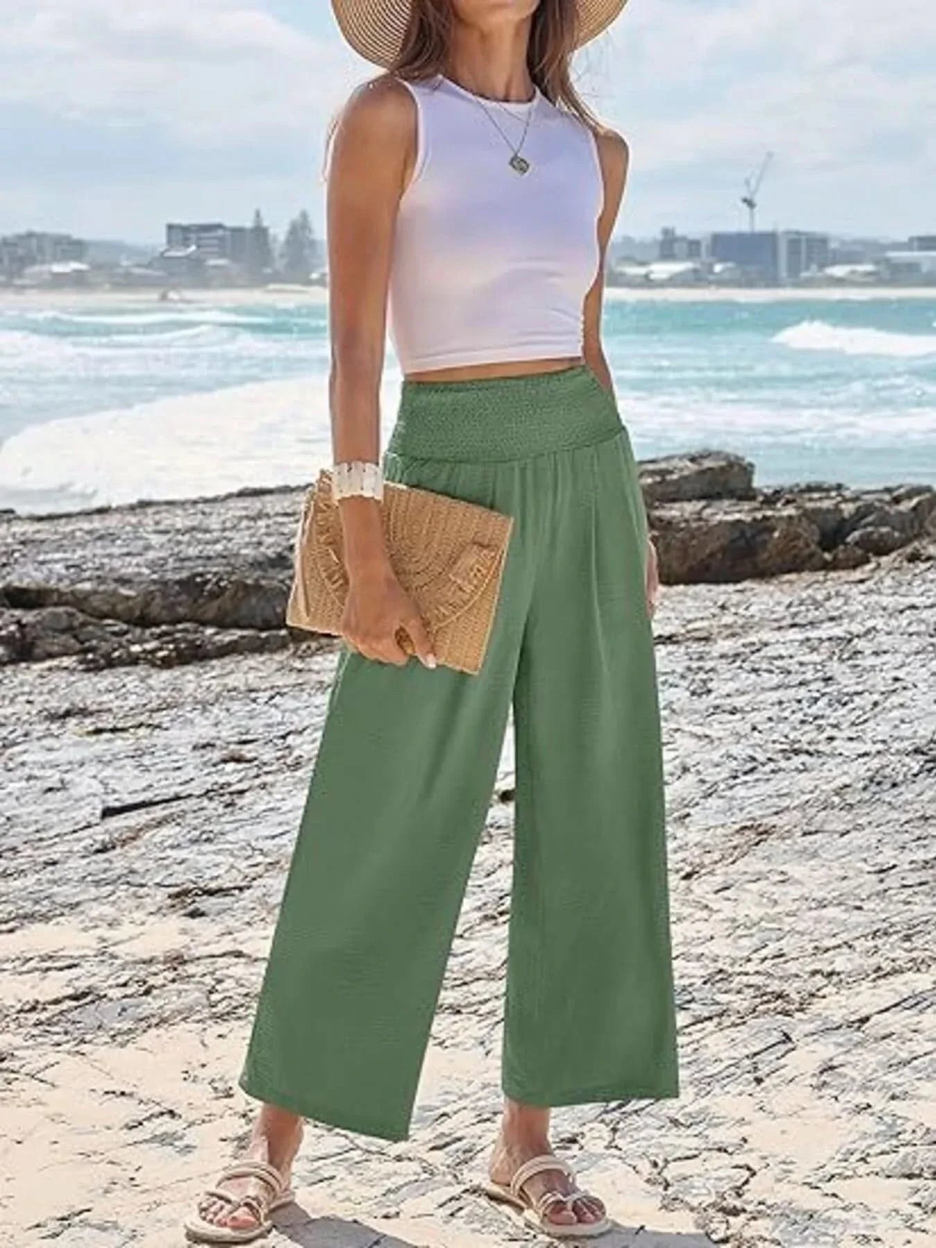 Wide Leg Smocked High Waist Pants With Pockets Polyester