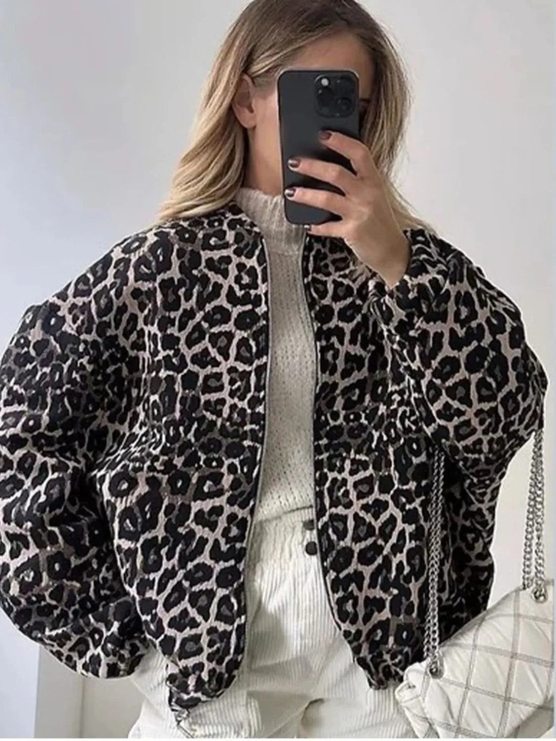 Leopard Print Oversized Bomber Jacket Womens Coat Style