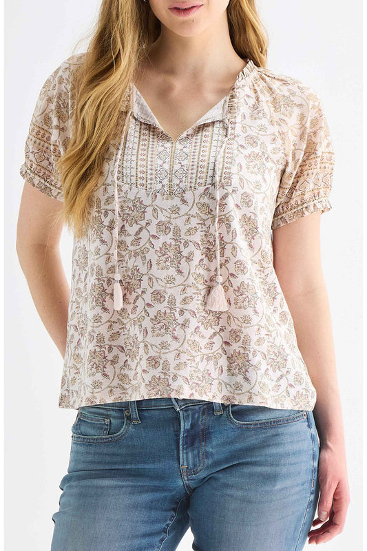[159549-680] WOMENS LUCKY BRAND SHORT SLEEVE NOTCH NECK - PINK MULTI