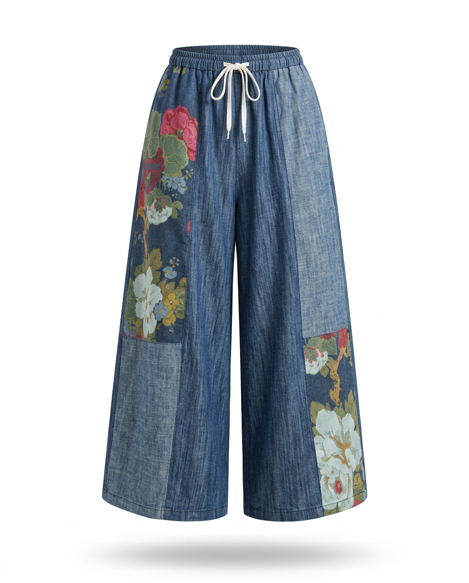 Wild Heart Denim Floral Patchwork Trousers