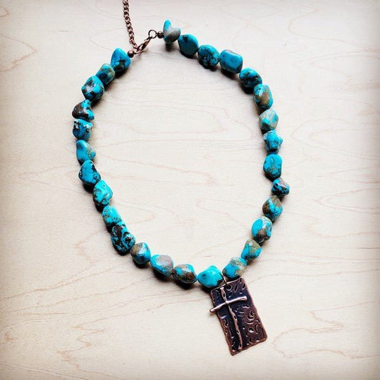 Blue Turquoise Collar Neck w/Copper Cross Pendant