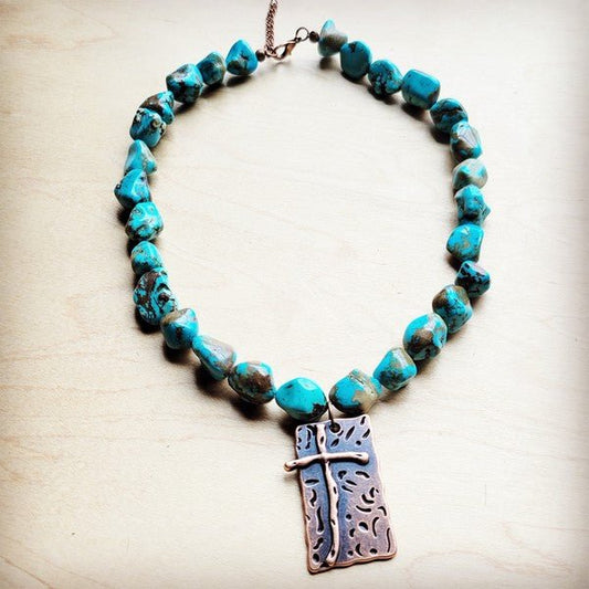Blue Turquoise Collar Neck w/Copper Cross Pendant